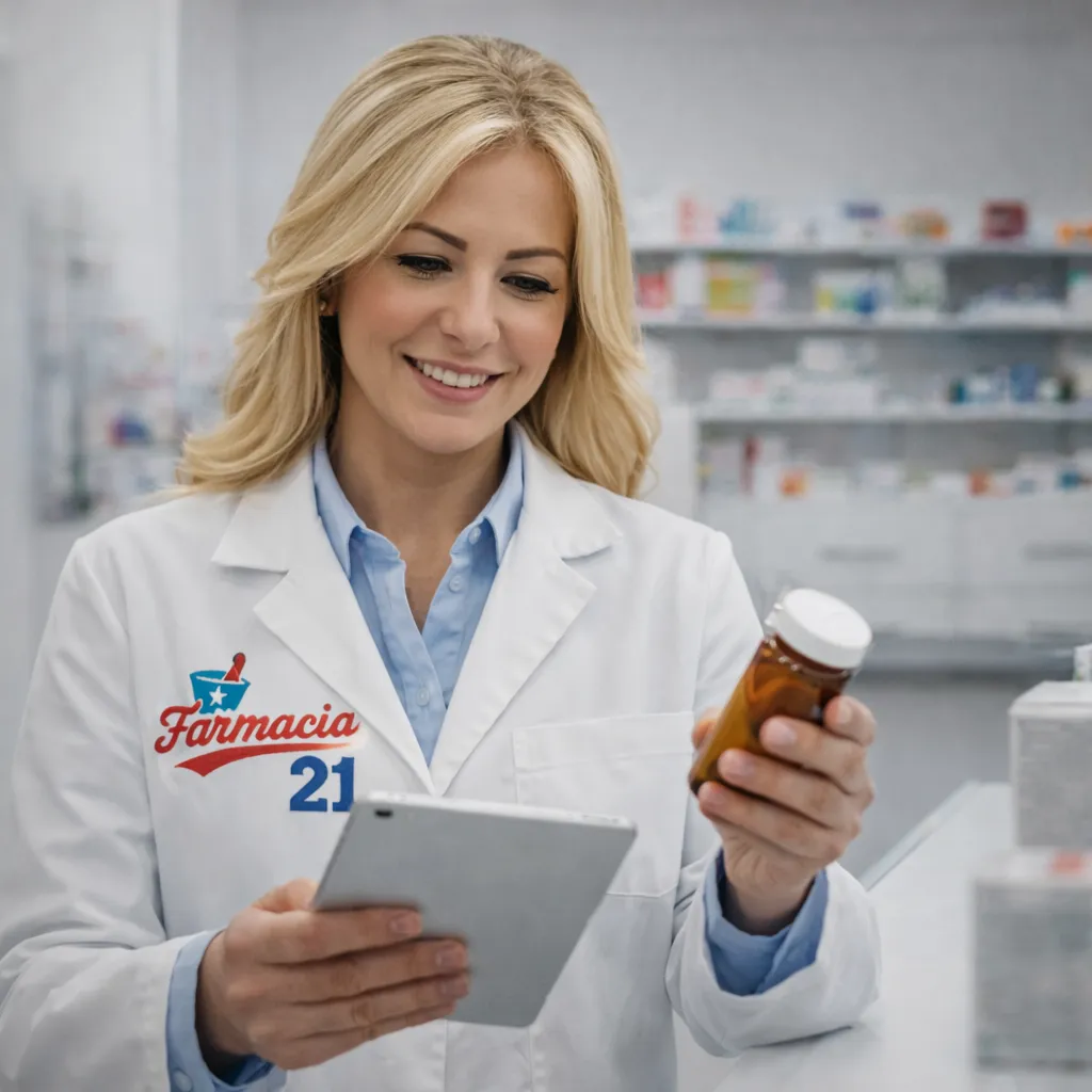 Pharmacist reviewing prescription medication at Farmacia 21 pharmacy in Homestead Florida